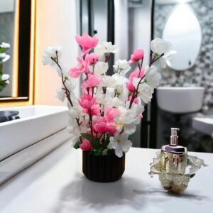 Unique Flowers Artificial Cherry Blossom Flower Bunch with Wooden Pot for Home Decoration, Living Room, Bedside Table,Wedding, Outdoor, Indoor, Office Décor & Gift (12 Inch/30 Cm) Color-Pink & White