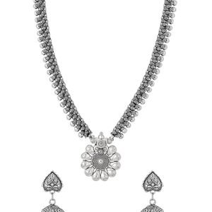 Yellow Chimes Traditional Silver Oxidised Silver Necklace Jewellery Set for Women