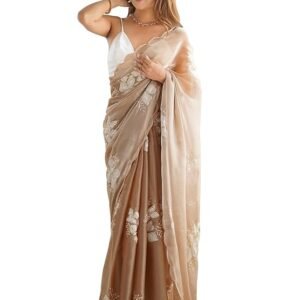 AKHILAM Women's Shimmer Organza Sequence Embroidery Saree With Unstitched Blouse Piece